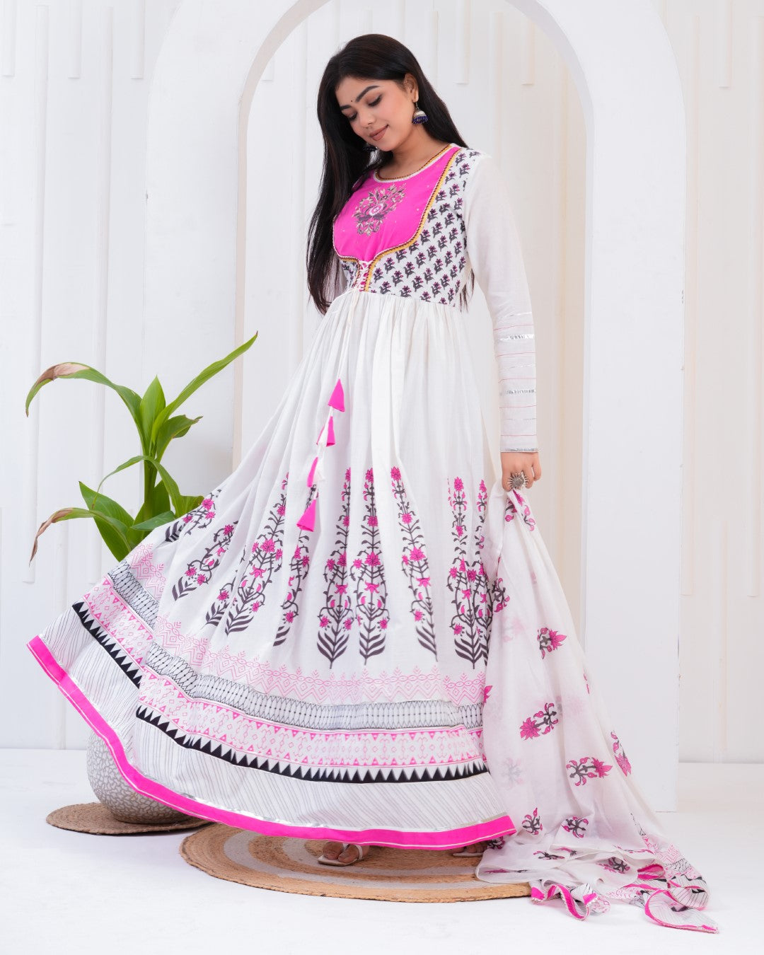 White and Pink Printed Anarkali Kurti's for Women