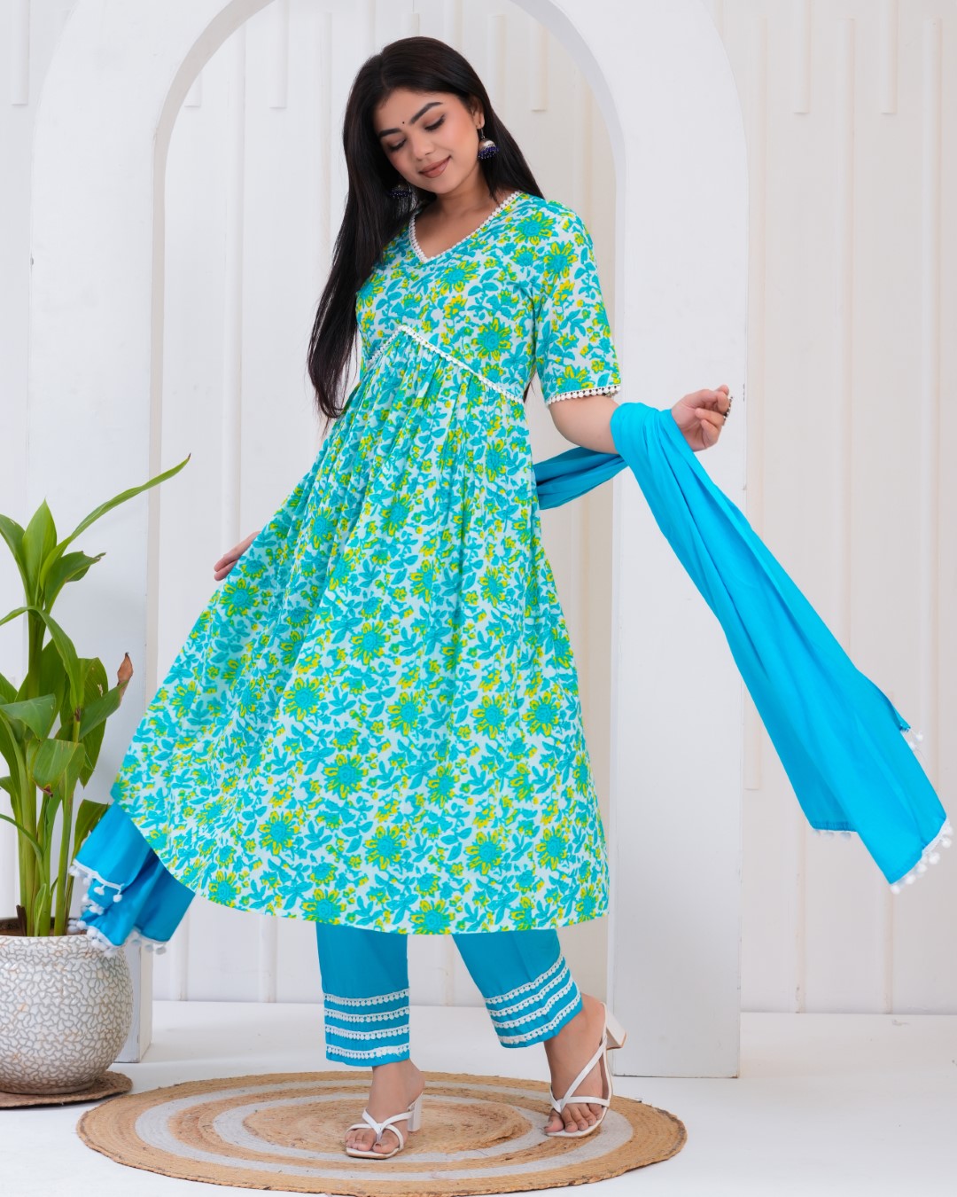 Blue Printed Kurta and Palazzos set with Dupatta.