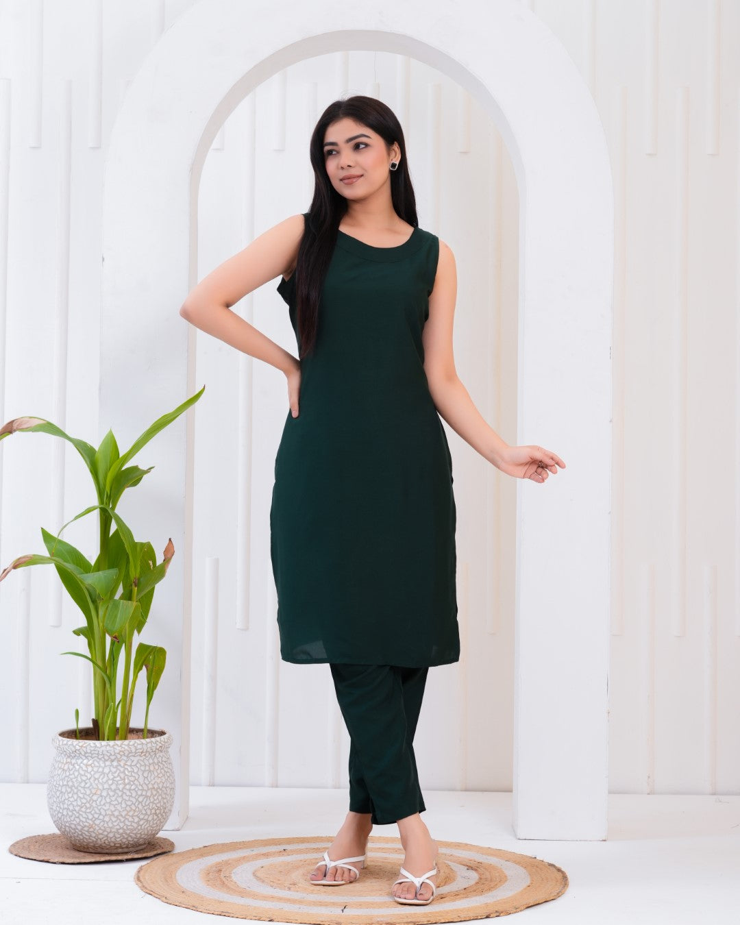 Bottle Green Solid Kurta and Pant set