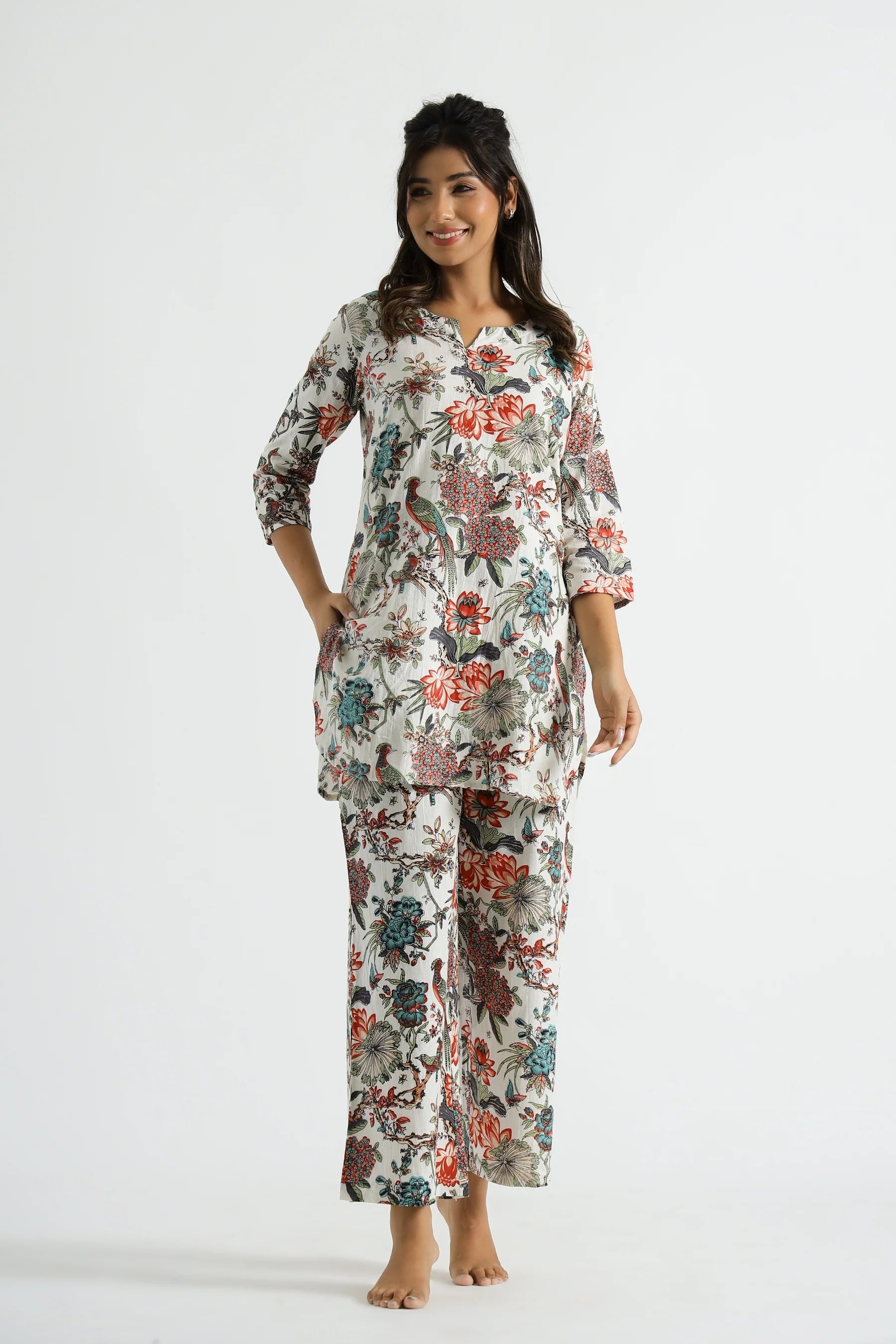 SAK JAIPUR White Multi color Jungle Organic Printed Pure Cotton Loungewear Set Regular price