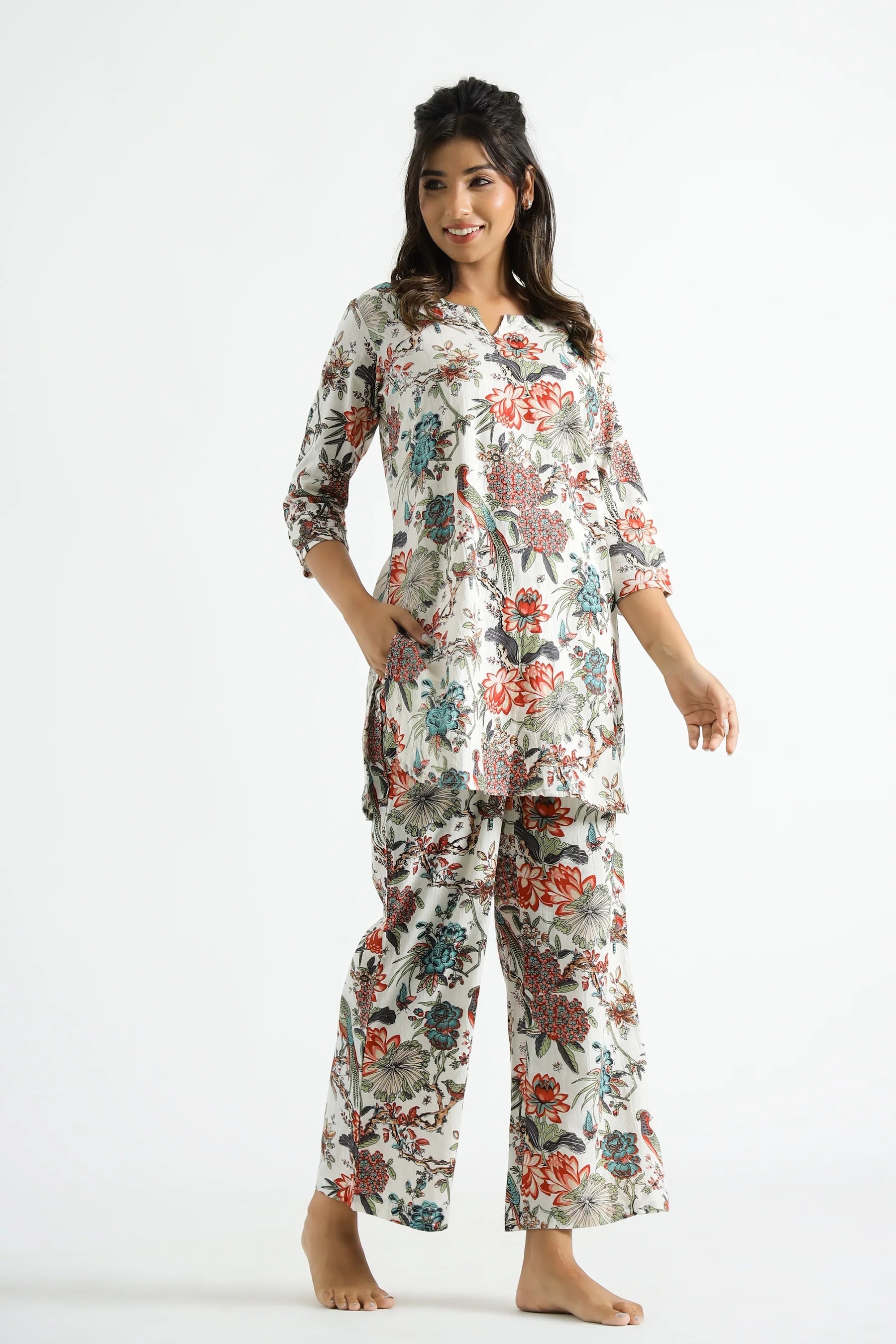 SAK JAIPUR White Multi color Jungle Organic Printed Pure Cotton Loungewear Set Regular price