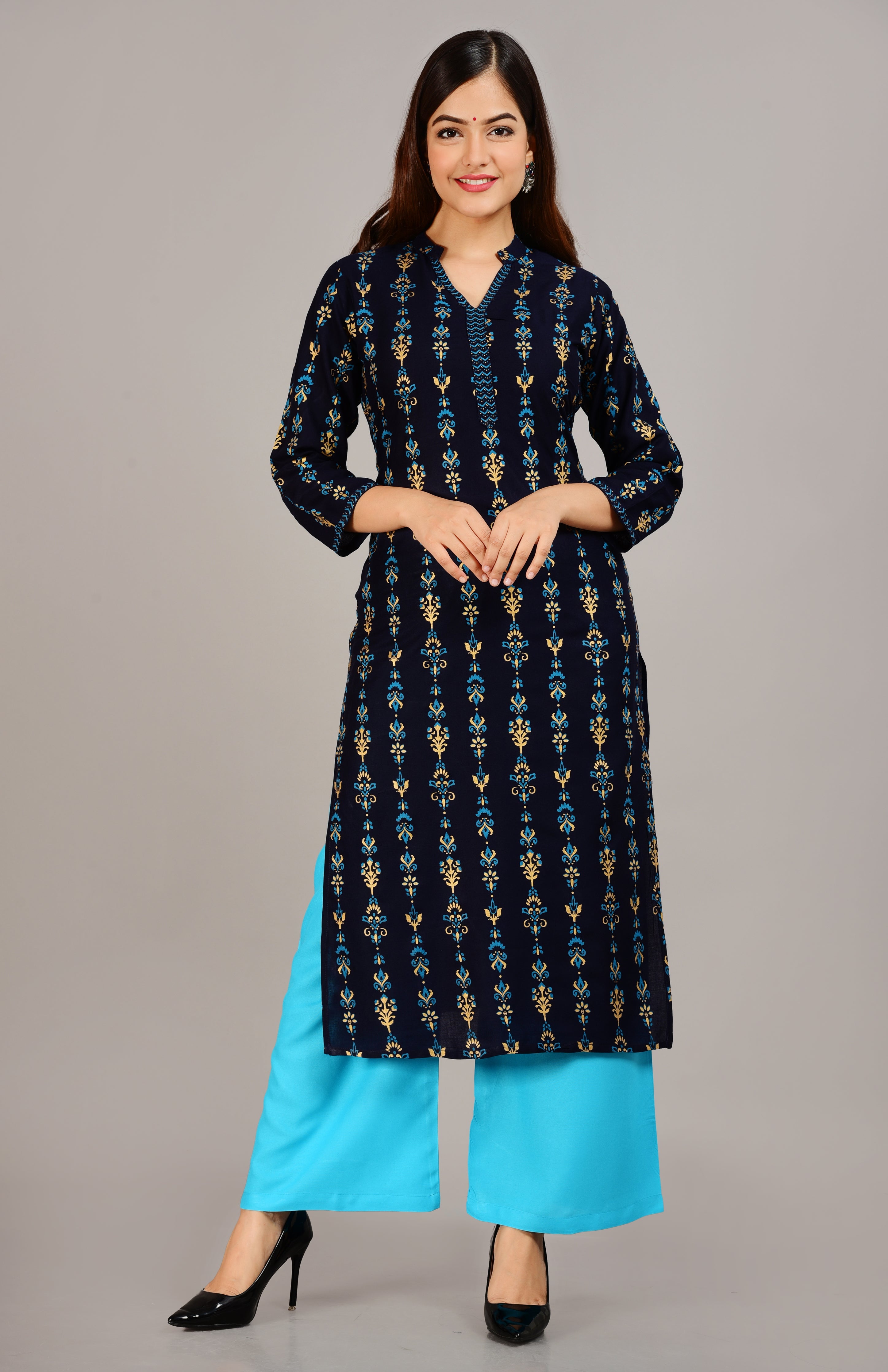 SAK Jaipur Women Printed Rayon 3/4 Sleeve V-Neck Calf Length Straight Kurta Set (Blue)