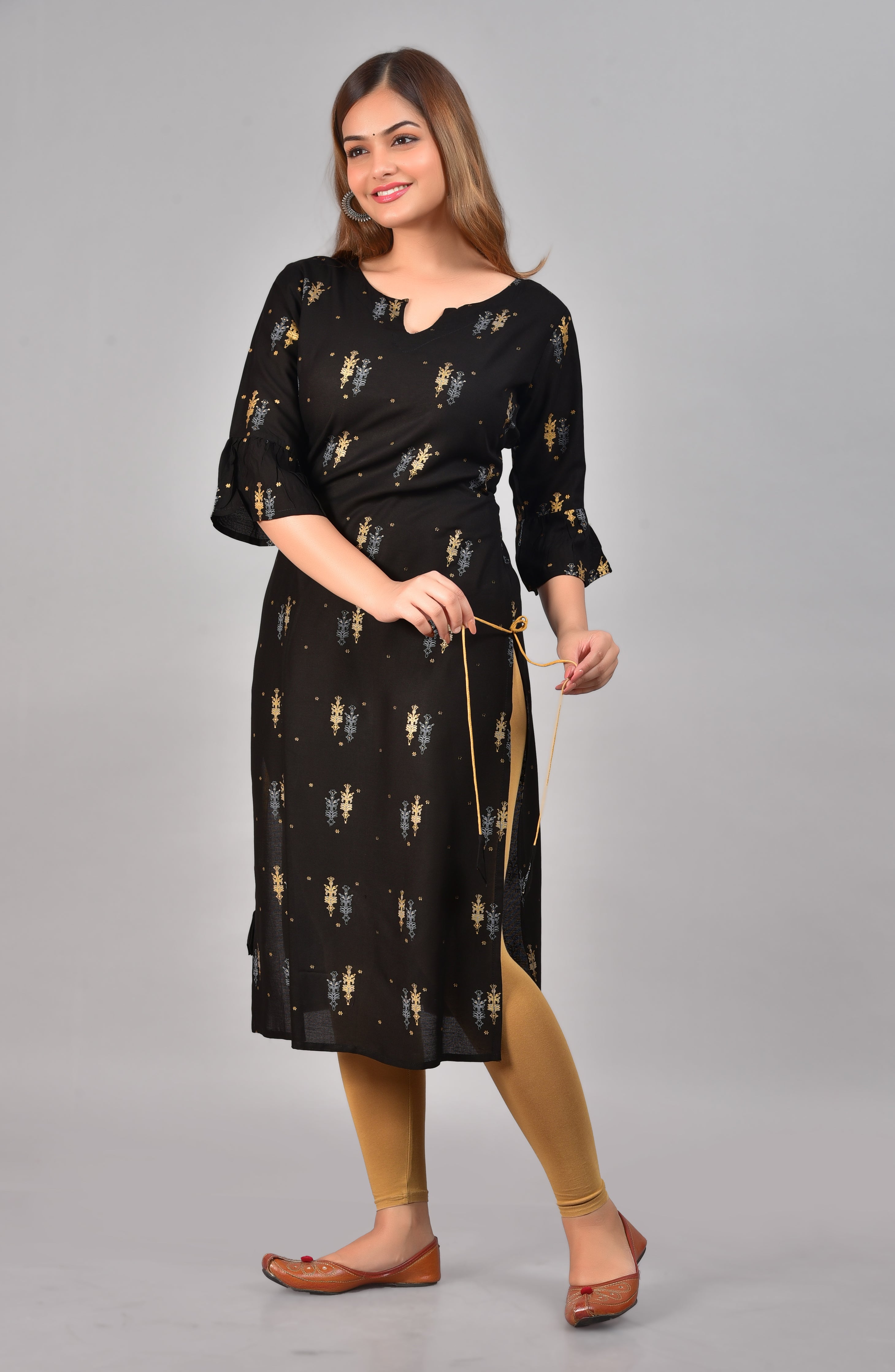 SAK Jaipur Women Printed Rayon 3/4 Sleeve Round Neck Calf Length Straight Kurta (Black)