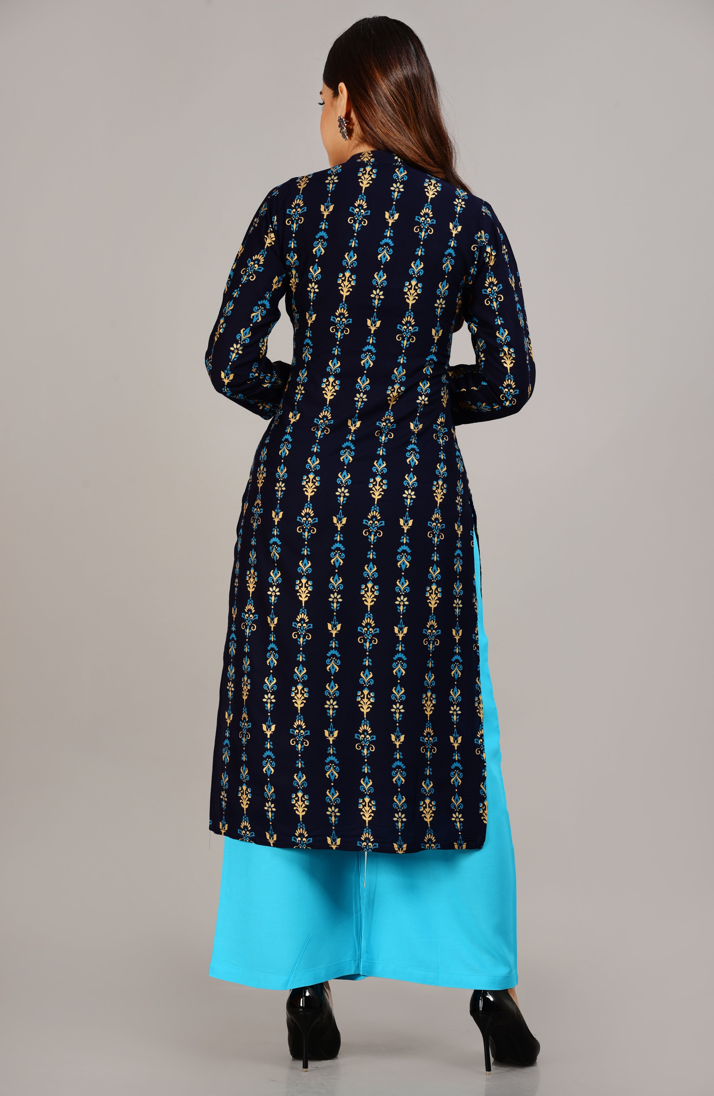 SAK Jaipur Women Printed Rayon 3/4 Sleeve V-Neck Calf Length Straight Kurta Set (Blue)