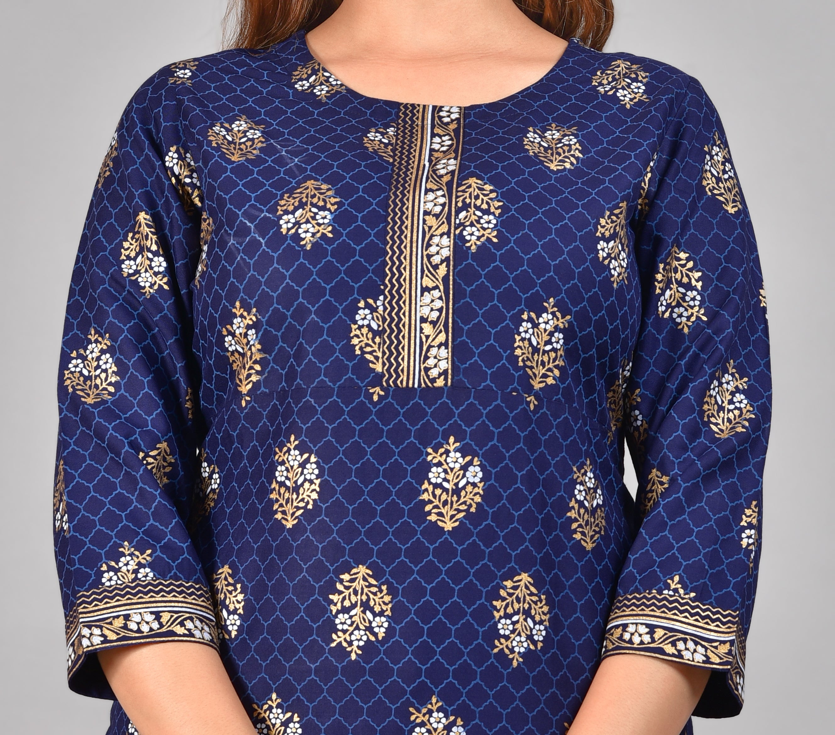 SAK Jaipur Women Printed Rayon 3/4 sleeve Round Neck Calf Length Straight Kurta (Blue)