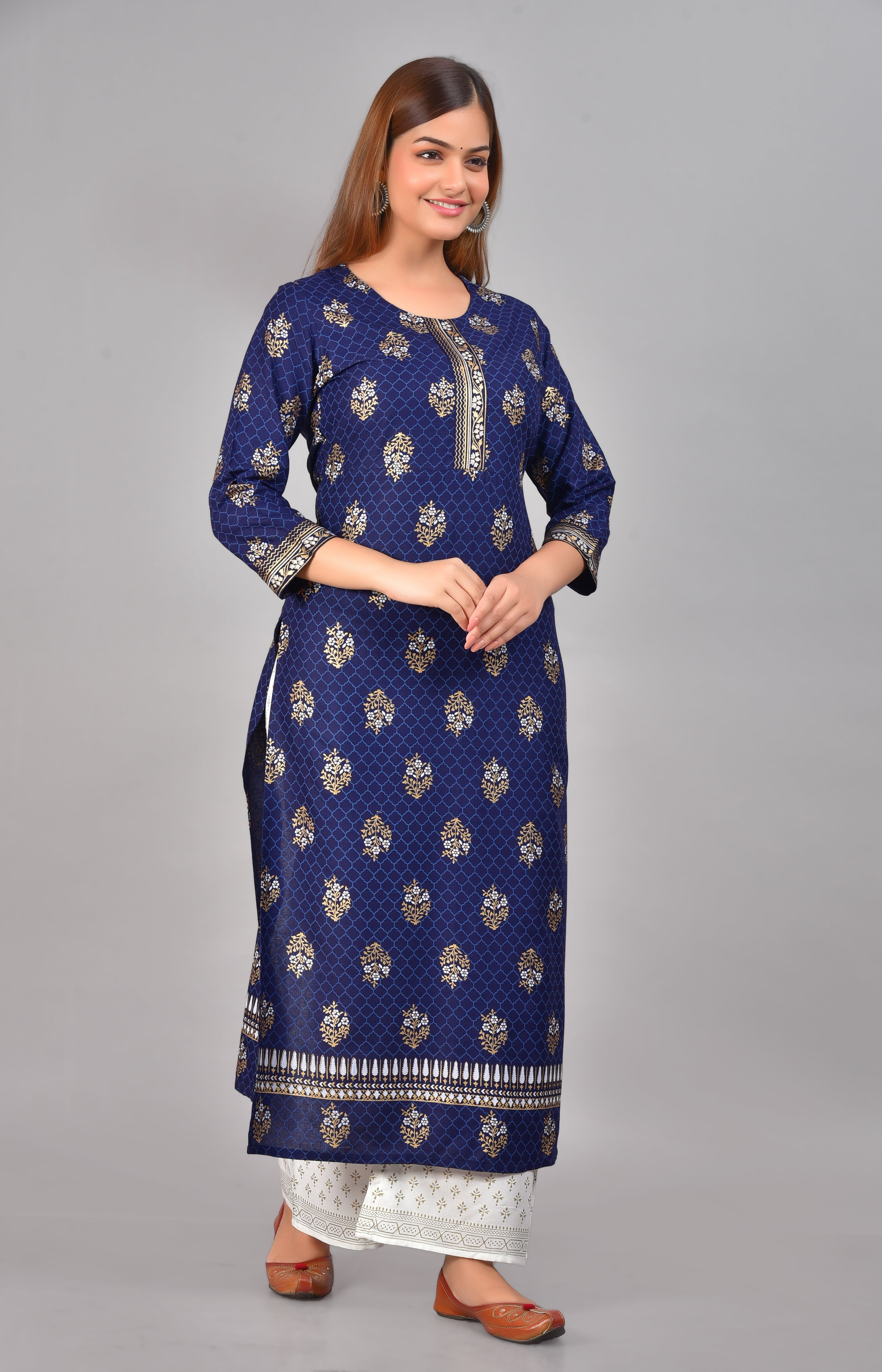 SAK Jaipur Women Printed Rayon 3/4 Sleeve Round Neck Calf Length Straight Kurta Set (Blue)