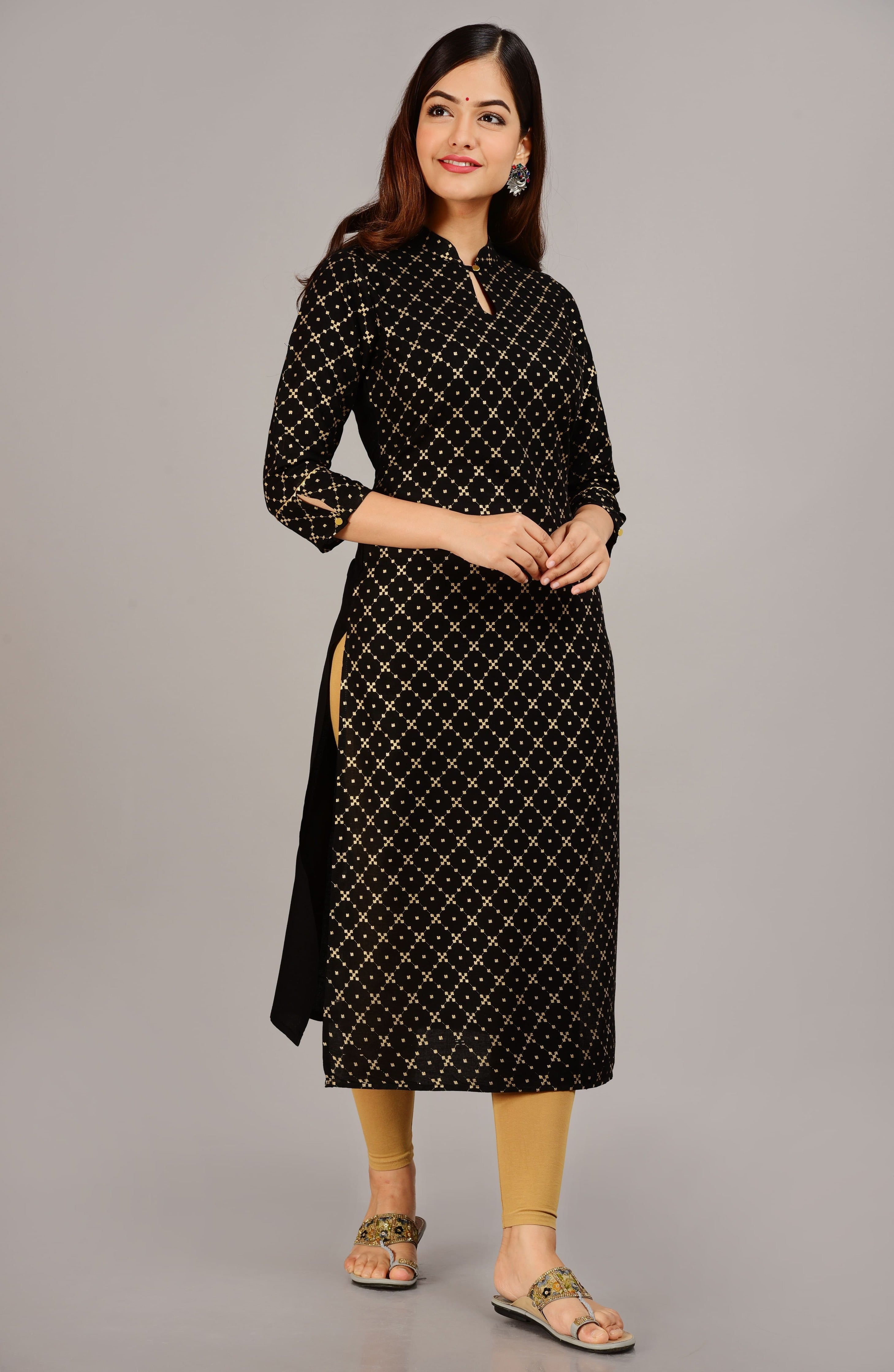 SAK Jaipur Women Printed Rayon 3/4 Sleeve Keyhole Neck Calf Length Straight Kurta (Black)