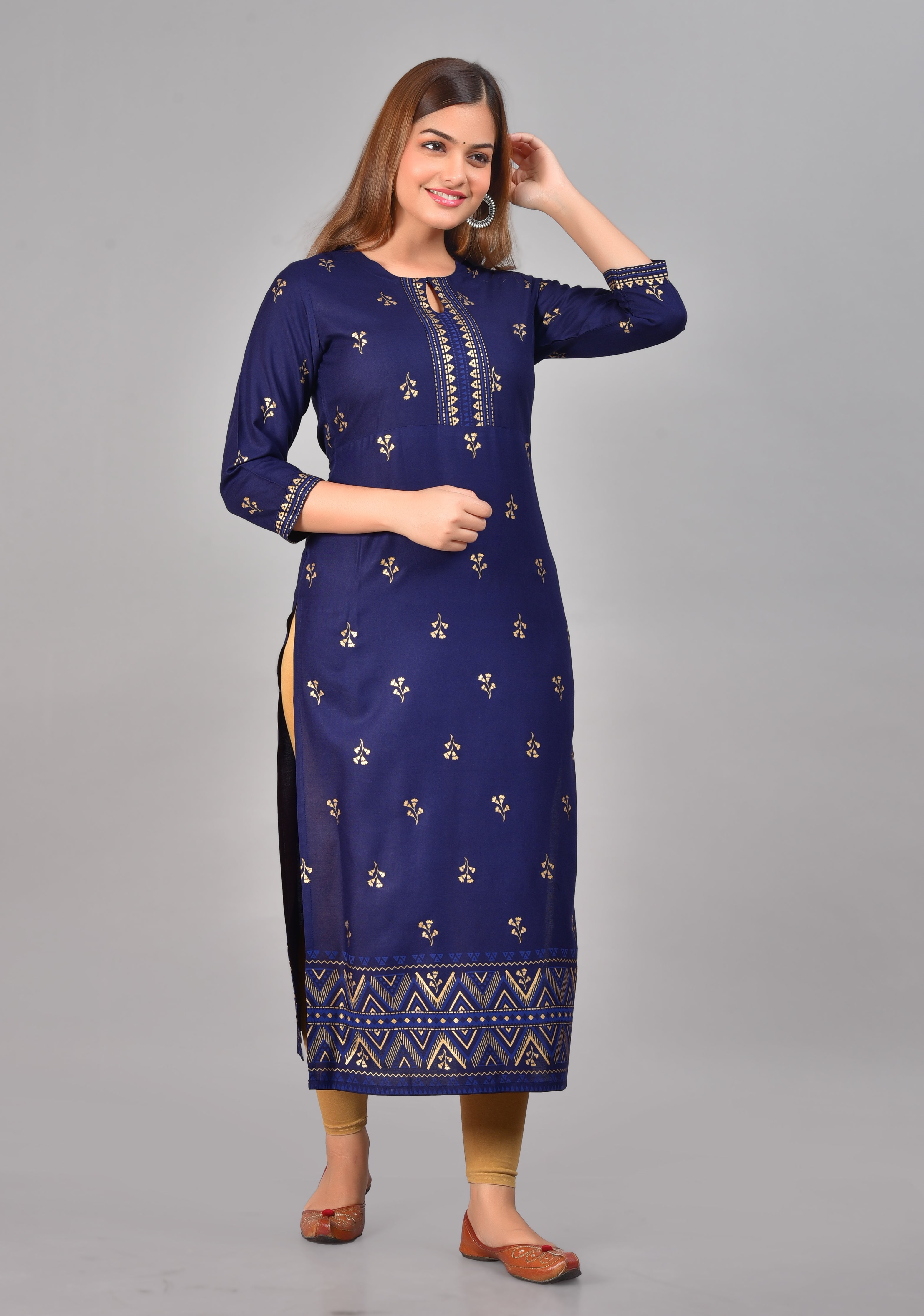 SAK Jaipur Women Printed Rayon 3/4 Sleeve Keyhole Neck Calf Length Straight Kurta (Blue)