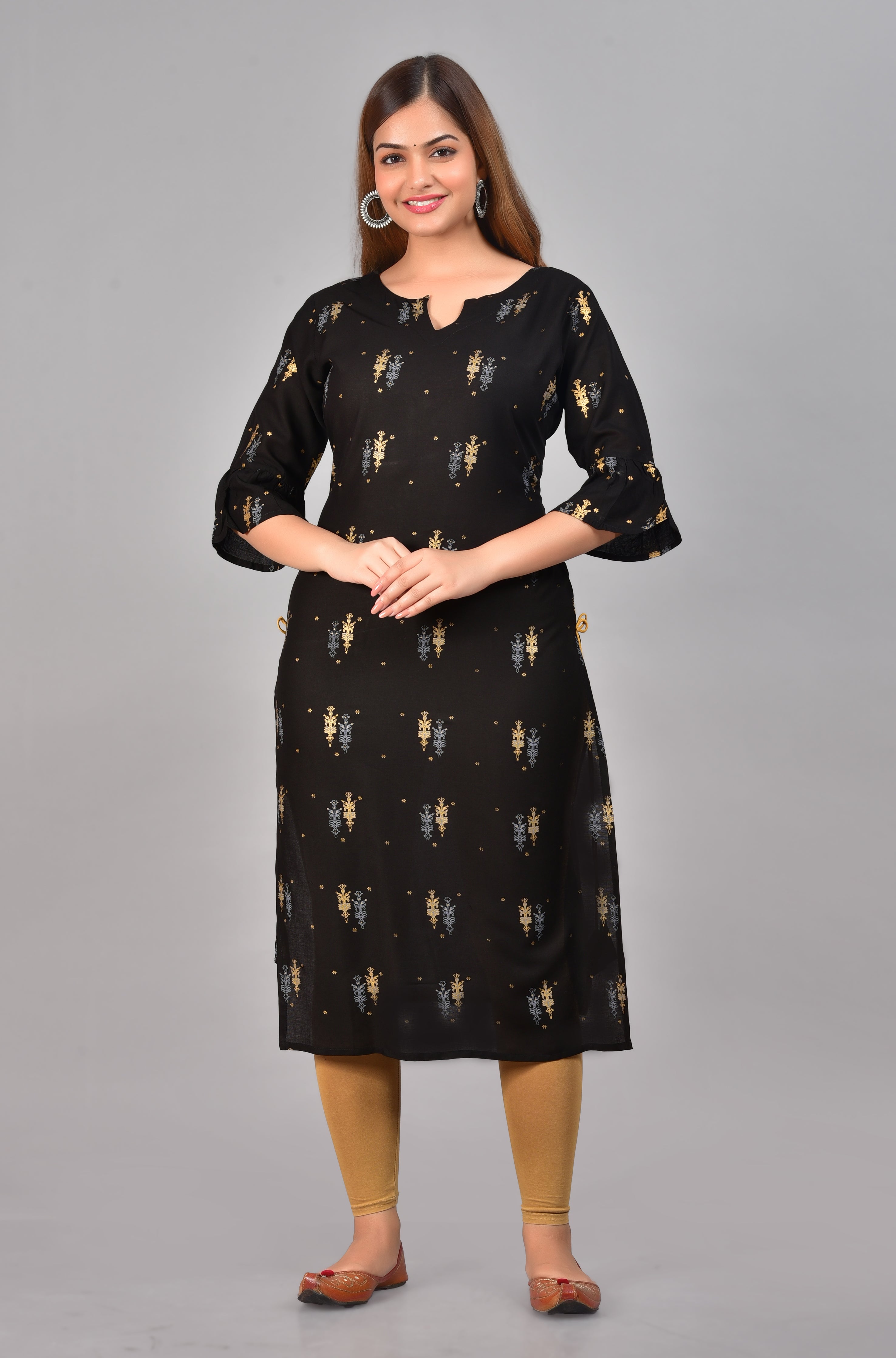 SAK Jaipur Women Printed Rayon 3/4 Sleeve Round Neck Calf Length Straight Kurta (Black)