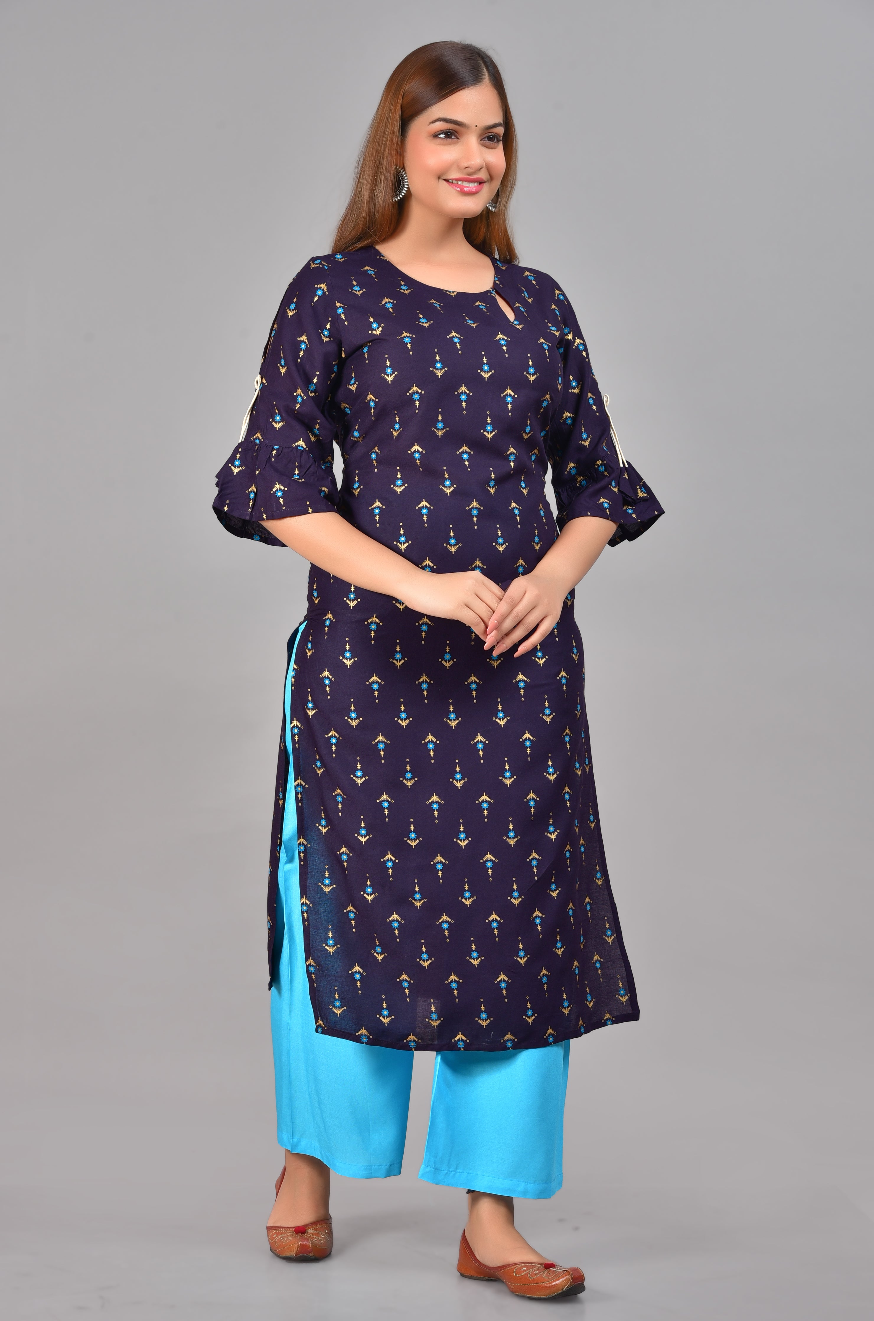 SAK Jaipur Women Printed Rayon 3/4 Sleeve Keyhole Neck Calf Length Straight Kurta Set (Blue)