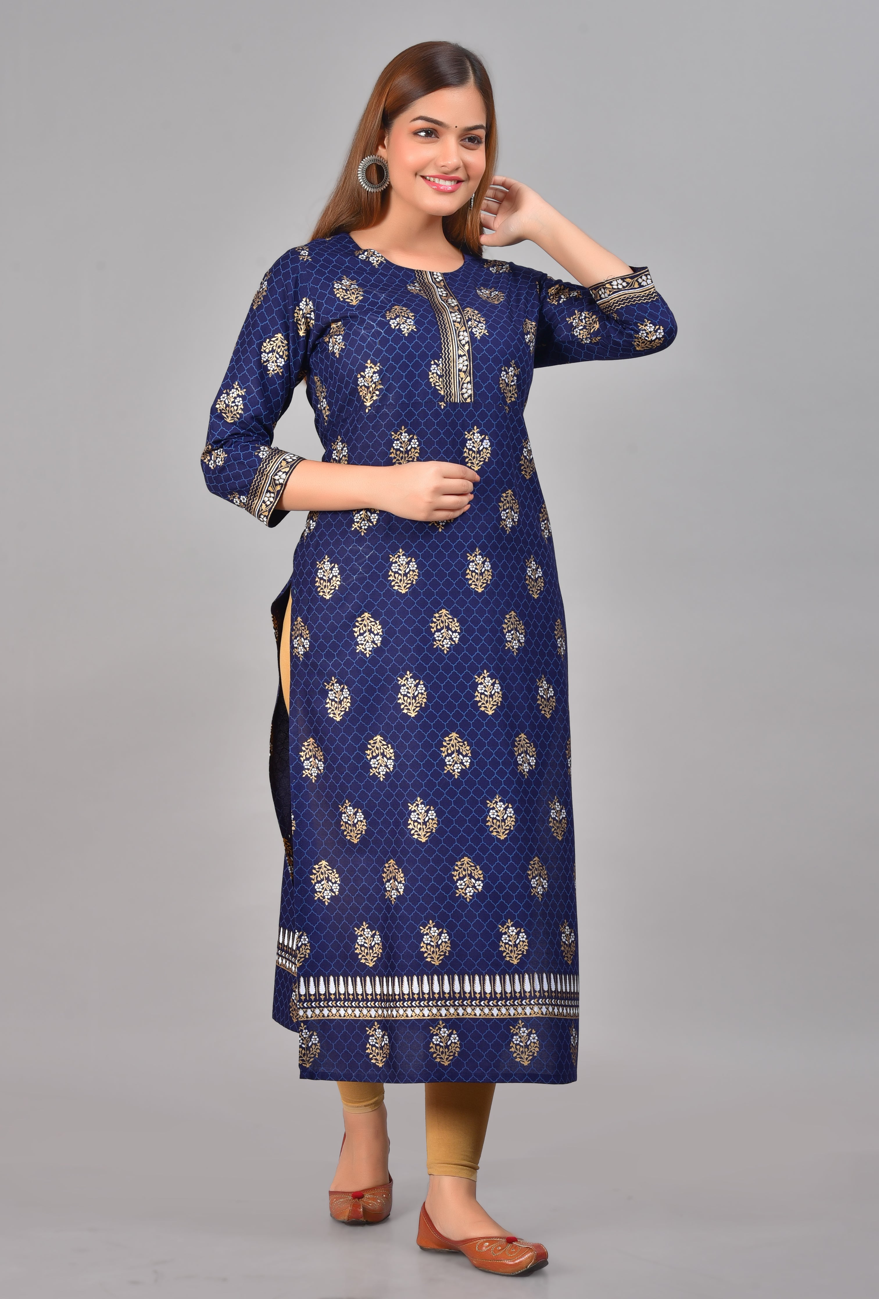 SAK Jaipur Women Printed Rayon 3/4 sleeve Round Neck Calf Length Straight Kurta (Blue)