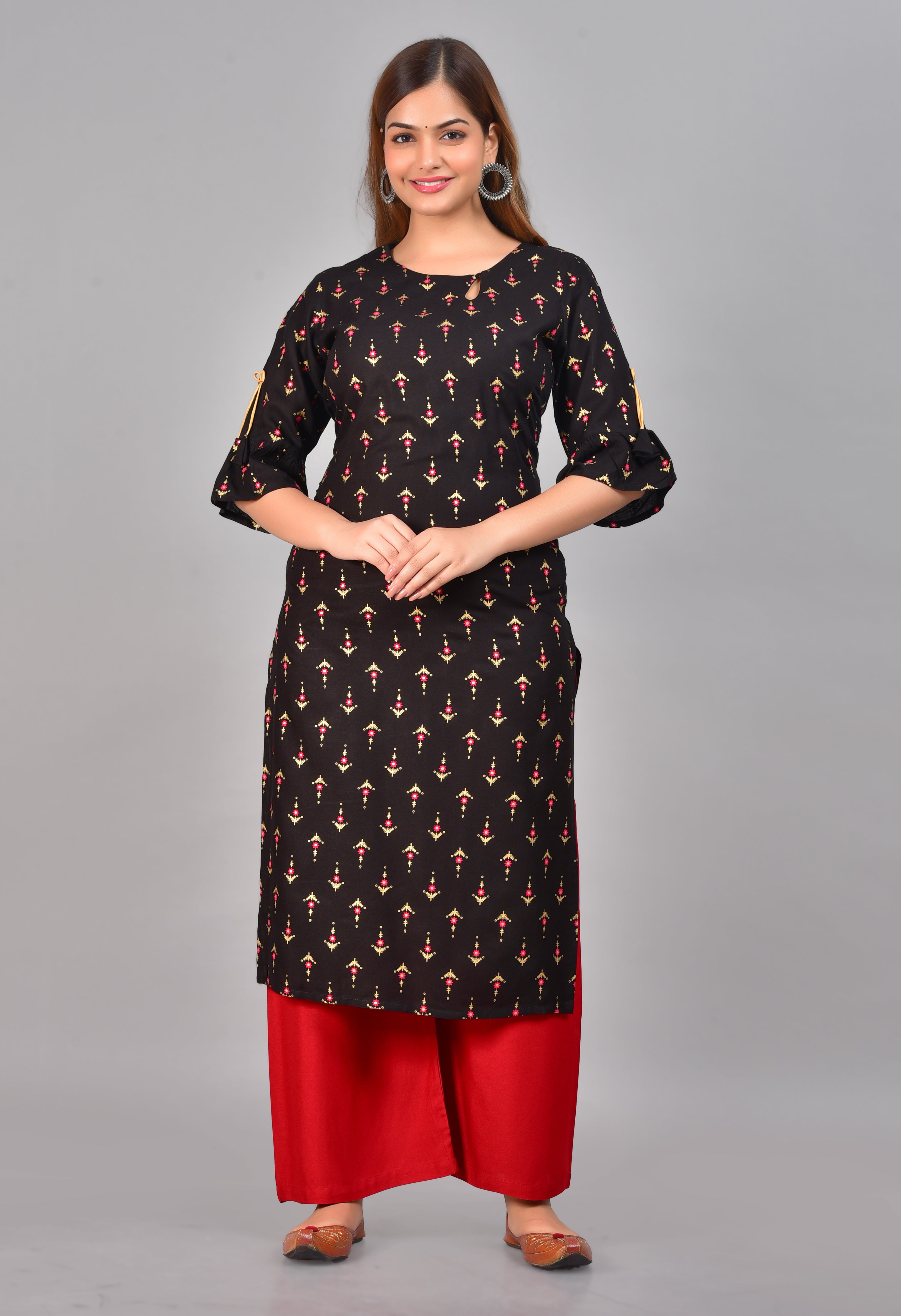 SAK Jaipur Women Printed Rayon 3/4 Sleeve Keyhole Neck Calf Length Straight Kurta Set (Black)