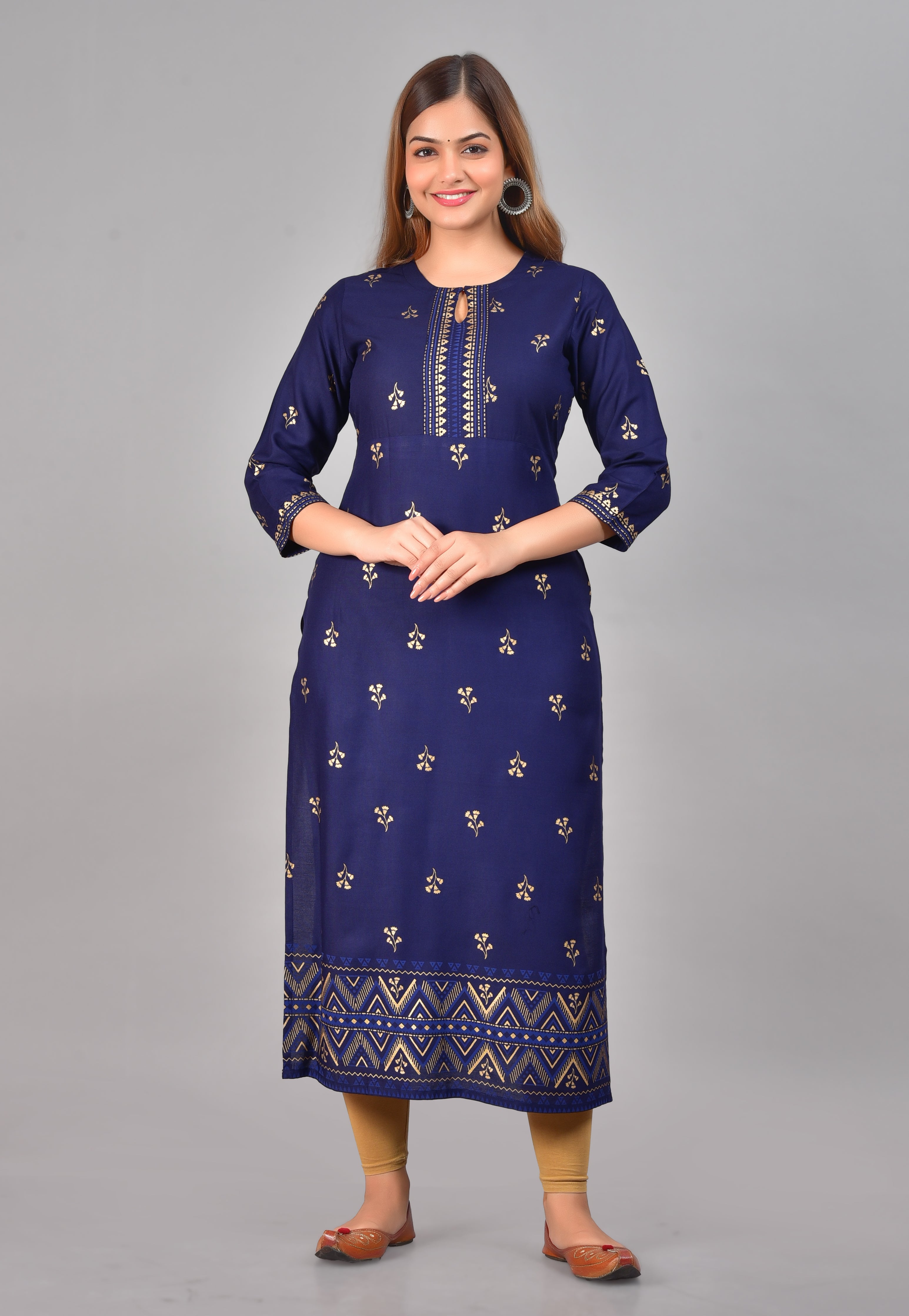 SAK Jaipur Women Printed Rayon 3/4 Sleeve Keyhole Neck Calf Length Straight Kurta (Blue)