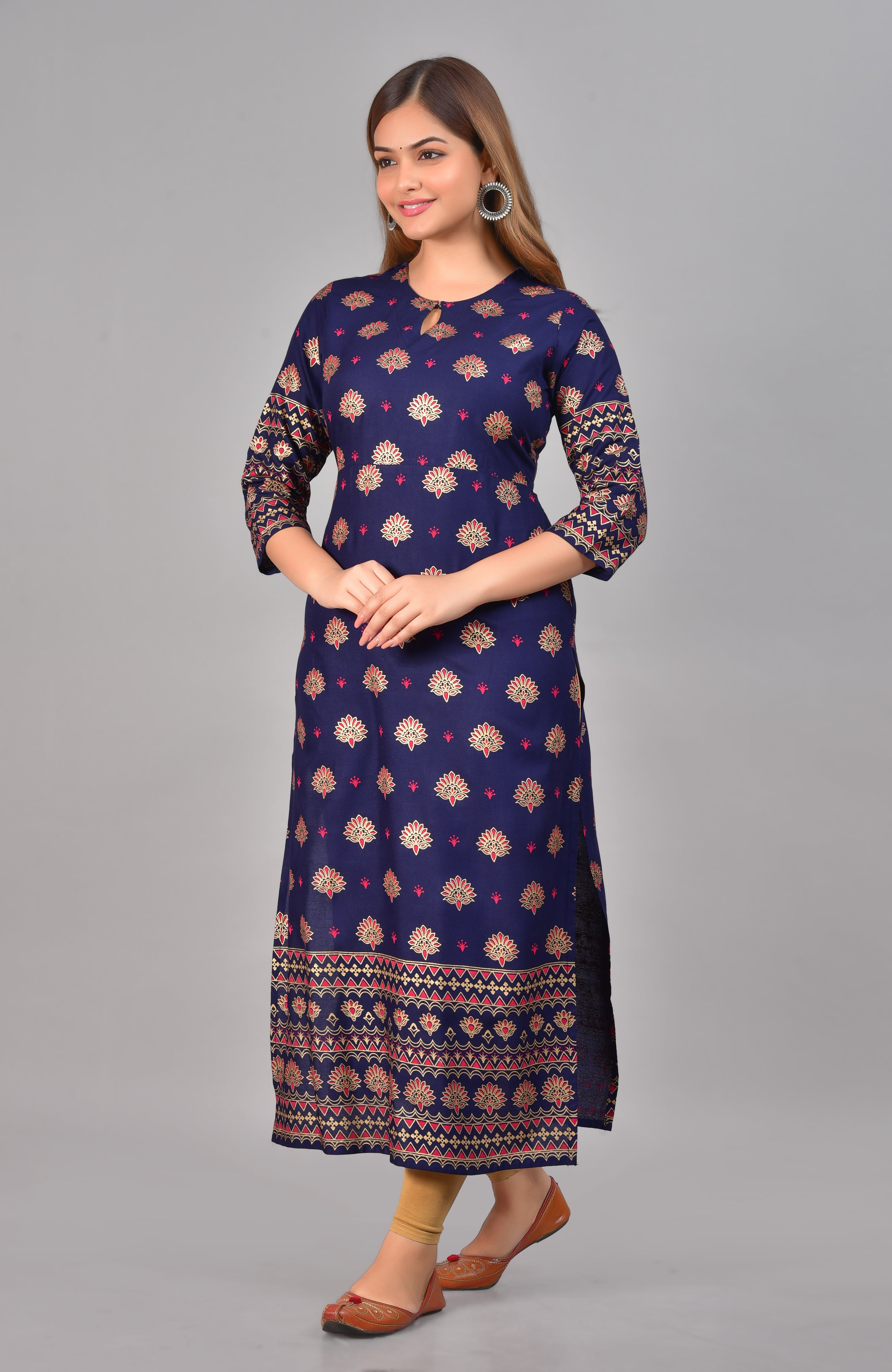 SAK Jaipur Women Printed Rayon 3/4 Sleeve Keyhole Neck Calf Length Straight Kurta (Blue)