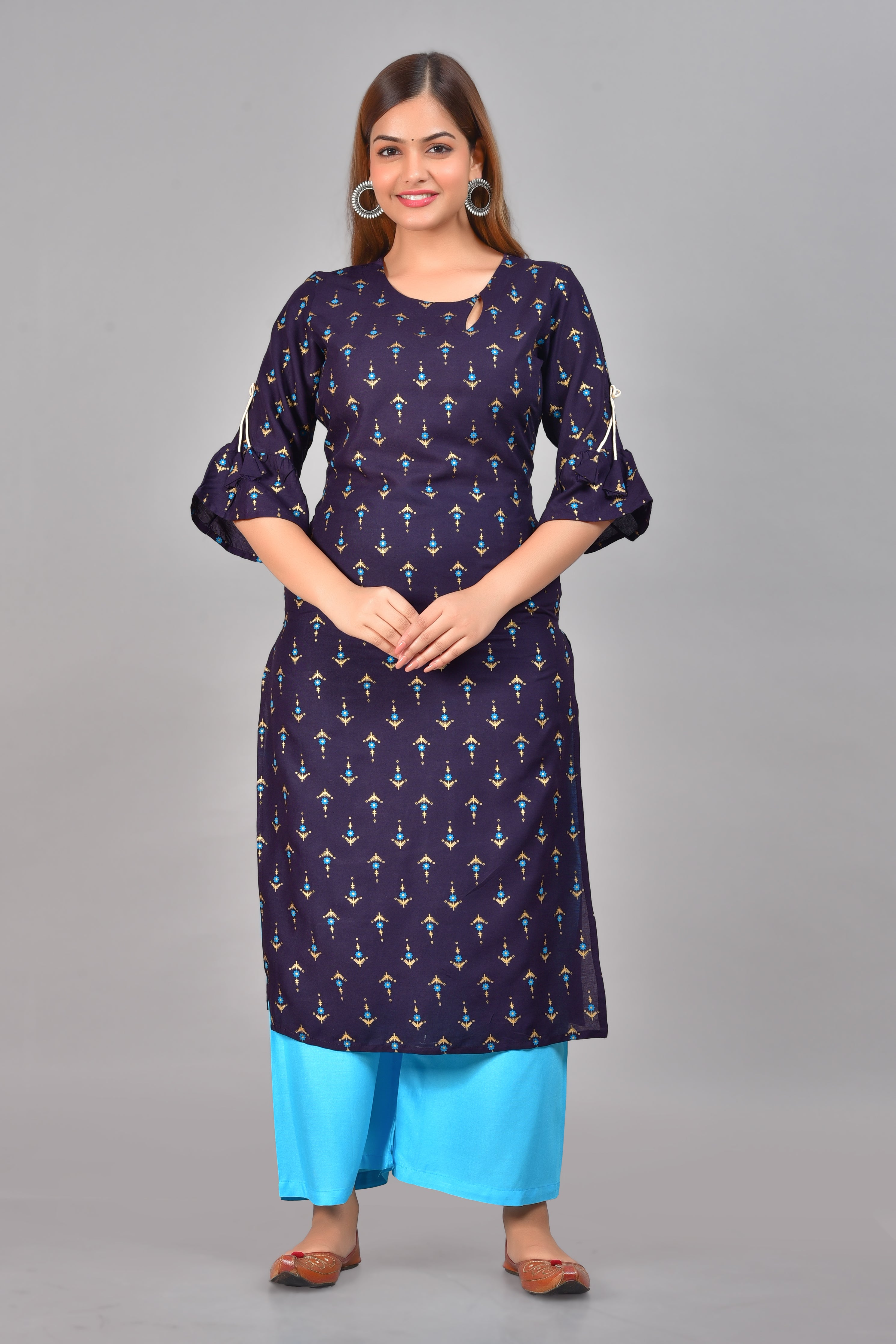 SAK Jaipur Women Printed Rayon 3/4 Sleeve Keyhole Neck Calf Length Straight Kurta Set (Blue)