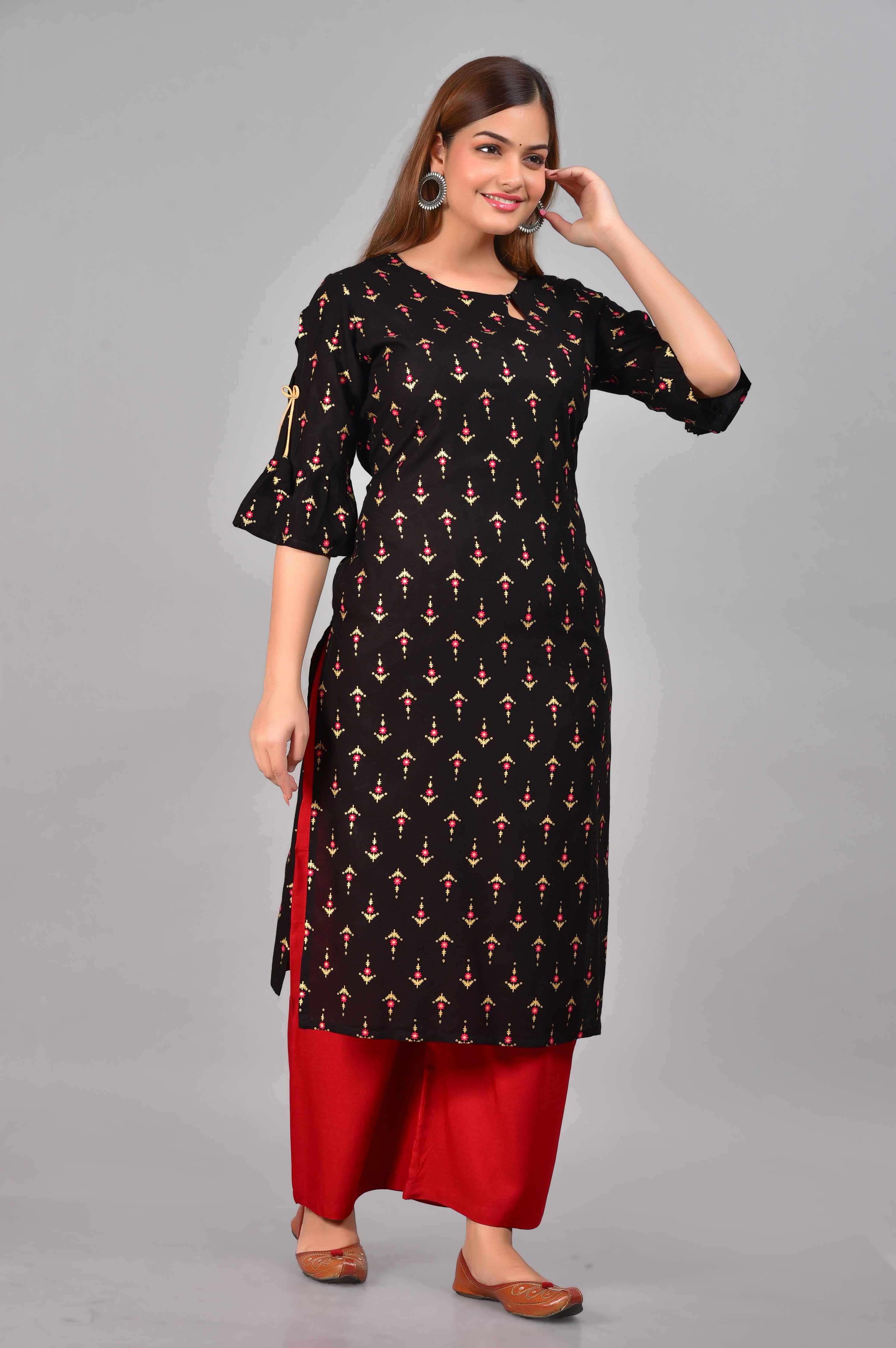 SAK Jaipur Women Printed Rayon 3/4 Sleeve Keyhole Neck Calf Length Straight Kurta Set (Black)