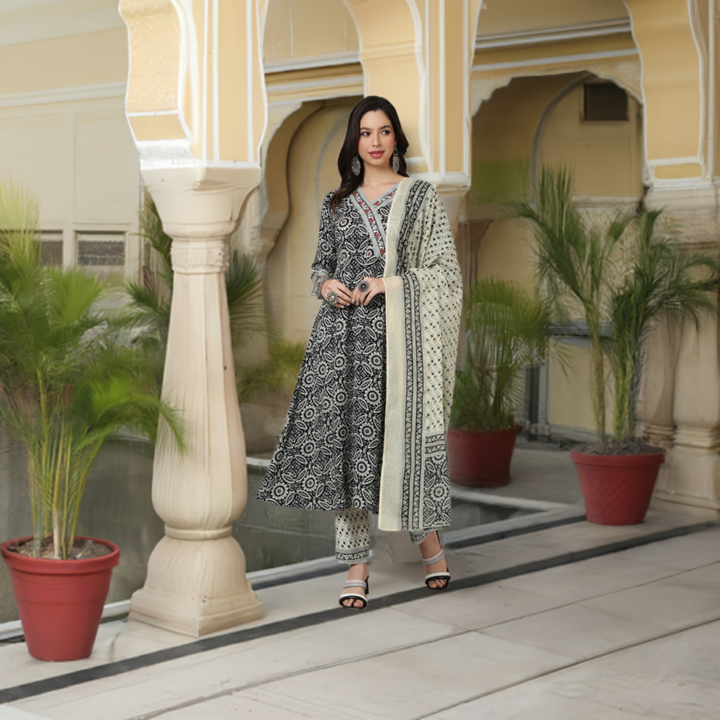 SAK JAIPUR Floral Printed Anarkali Kurta with Trousers & Dupatta