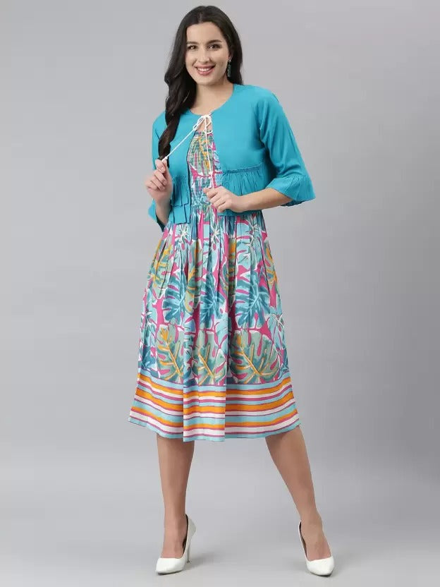 SAK Jaipur Women Printed Rayon 3/4 sleeve Round Neck Calf Length Dress