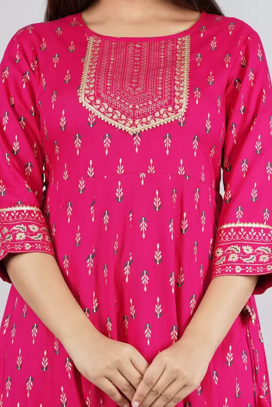 SAK Jaipur Women Printed Rayon 3/4 sleeve Round Neck Ankle Length Flared Kurta (Pink)