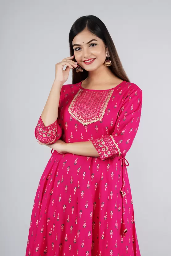 SAK Jaipur Women Printed Rayon 3/4 sleeve Round Neck Ankle Length Flared Kurta (Pink)