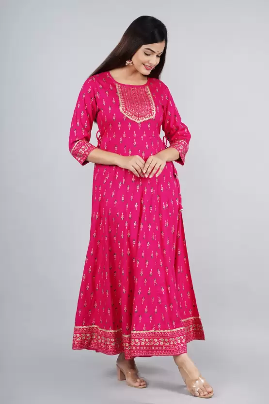 SAK Jaipur Women Printed Rayon 3/4 sleeve Round Neck Ankle Length Flared Kurta (Pink)