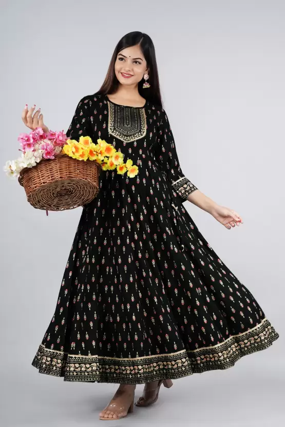 SAK Jaipur Women Printed Rayon 3/4 sleeve Round Neck Ankle Length Flared Kurta (Black)