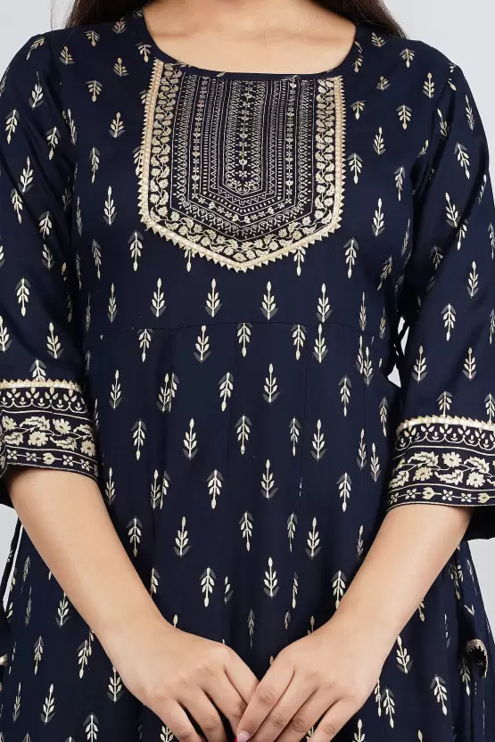 SAK Jaipur Women Printed Rayon 3/4 sleeve Round Neck Ankle Length Flared Kurta (Blue)