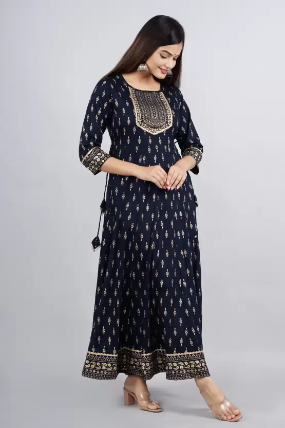 SAK Jaipur Women Printed Rayon 3/4 sleeve Round Neck Ankle Length Flared Kurta (Blue)